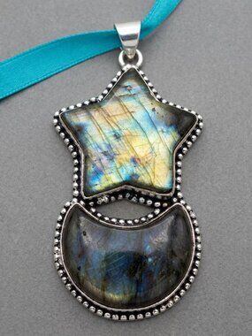 OOAK Labradorite Star & Crescent Moon Pendant Tested Stone 925 Bale